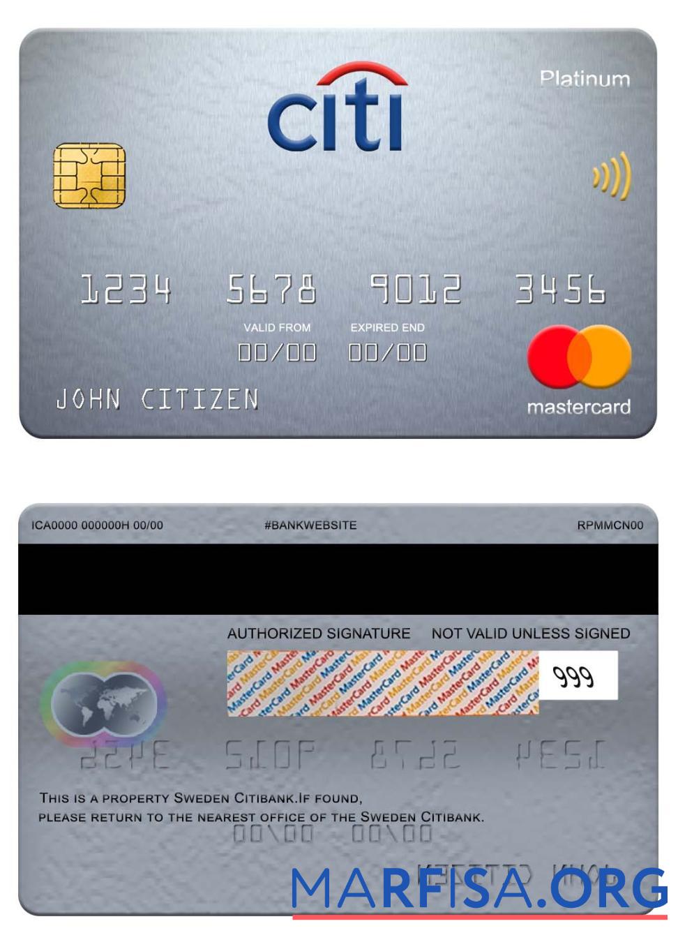 Blank Sweden Citibank mastercard platinum sample